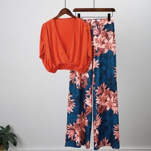 V-neck Bat Sleeve Top Printed Wide-leg Pants Suit
